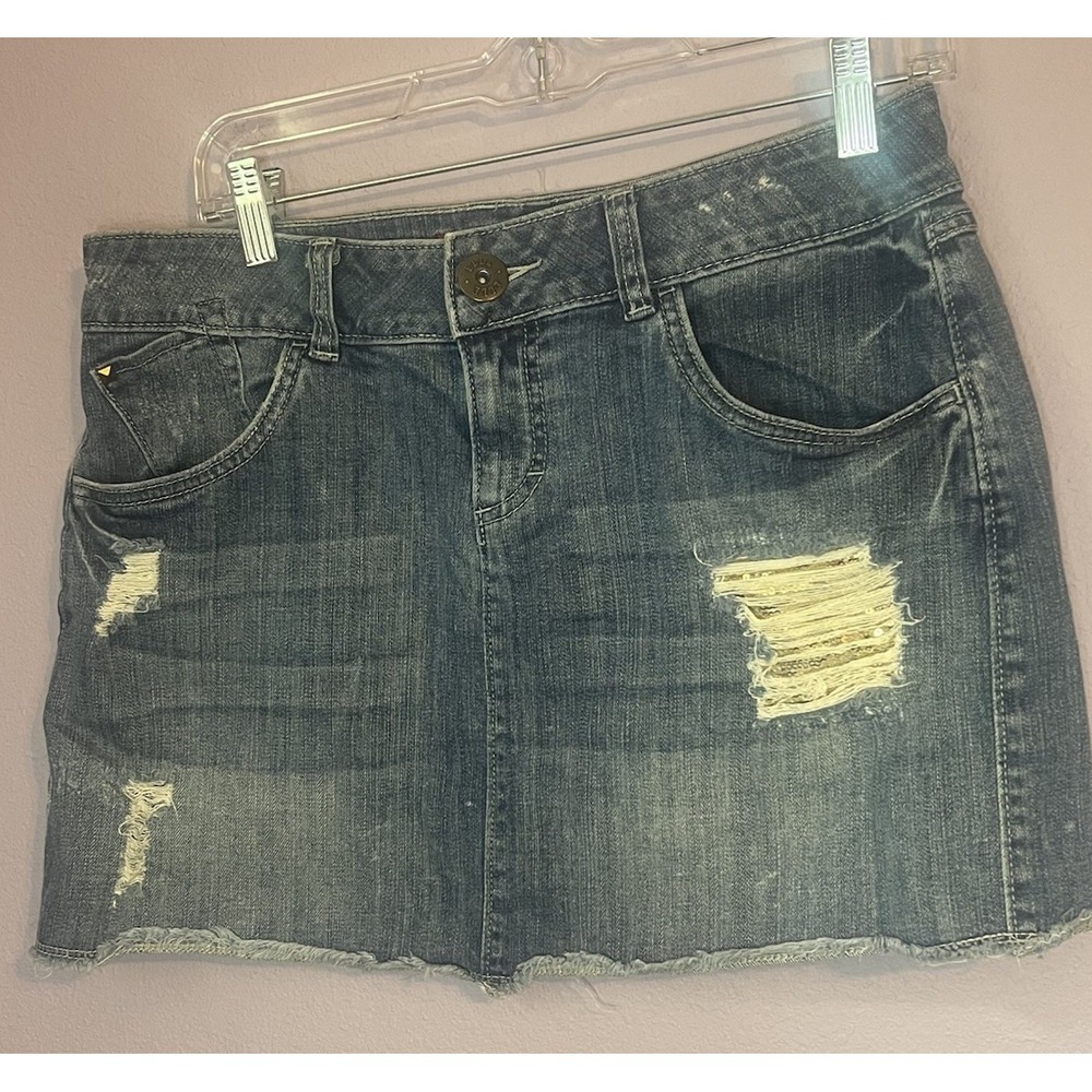 Elle Distressed Gold Sequin Backed Denim Mini Skirt Size 8 Festival Y2K